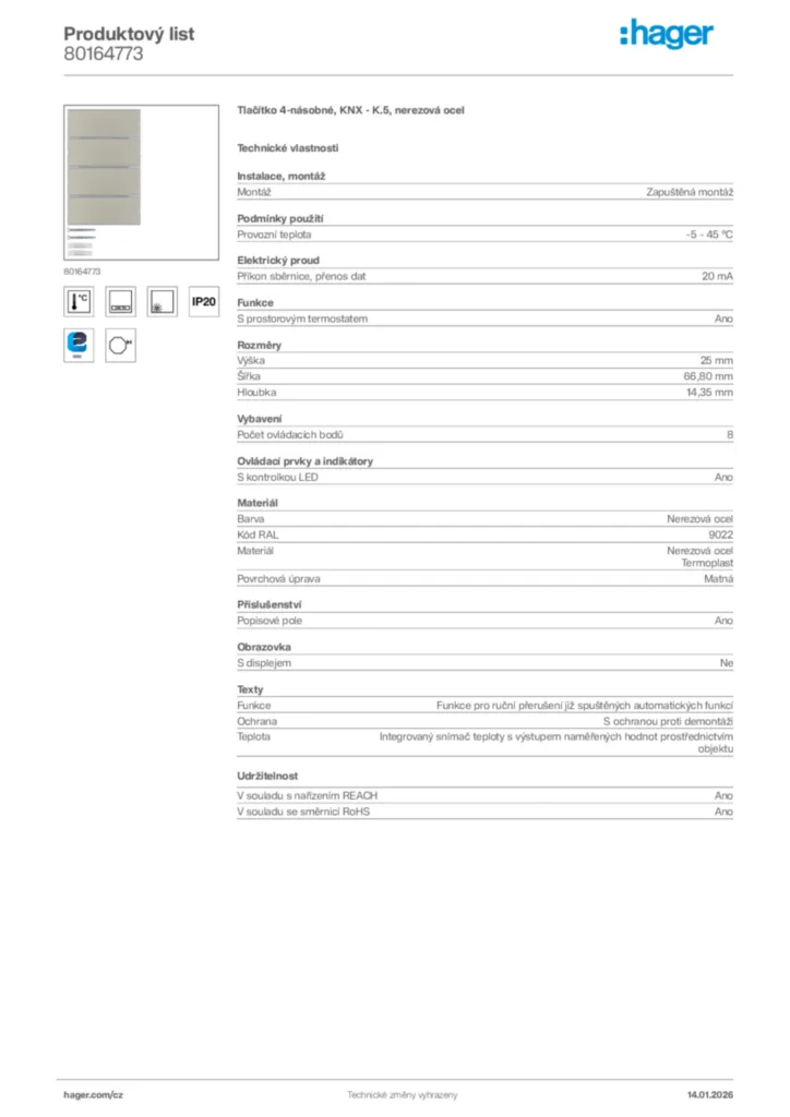 Obrázek Hager Product data sheet 80164773 | Hager