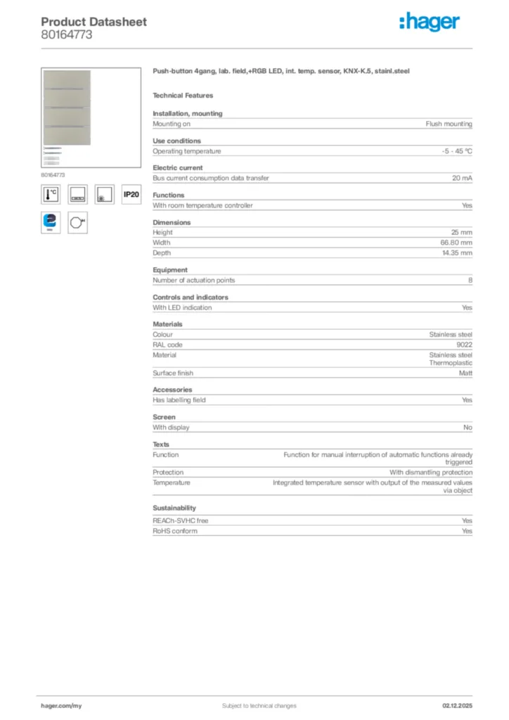 Image Hager Product data sheet 80164773  | Hager
