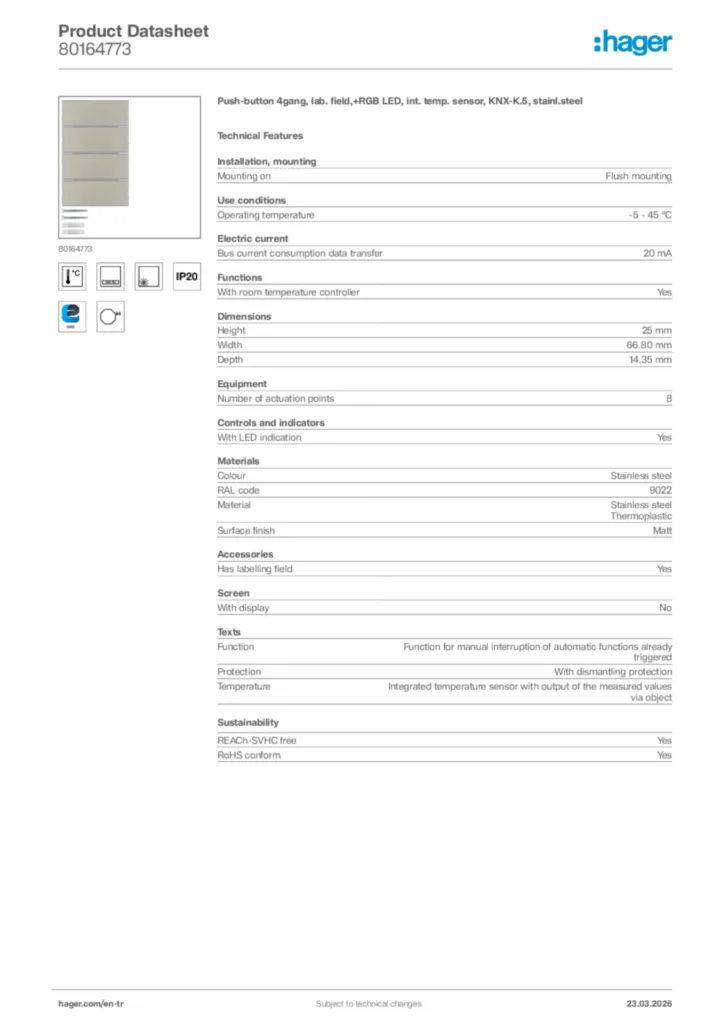 Image Hager Product data sheet 80164773  | Hager