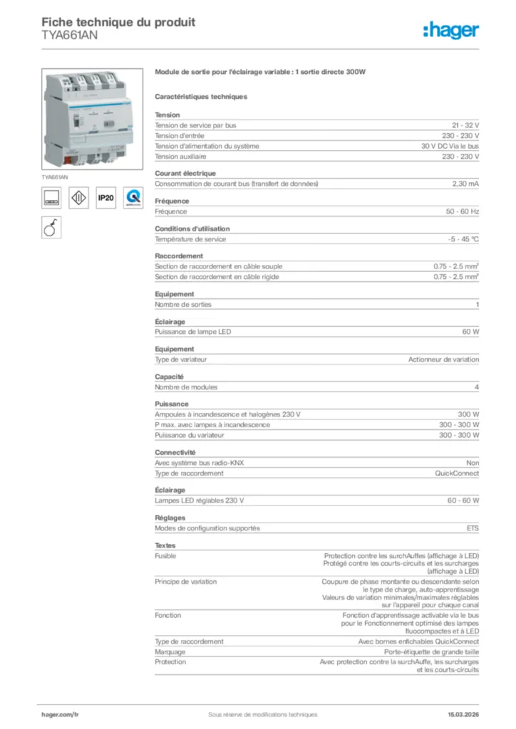 Image Hager Fiche technique du produit TYA661AN | Hager France