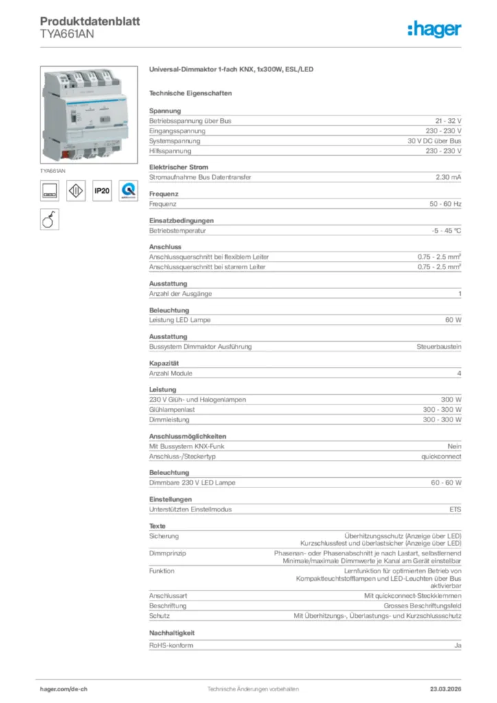 Bild Hager Produktdatenblatt TYA661AN | Hager Schweiz