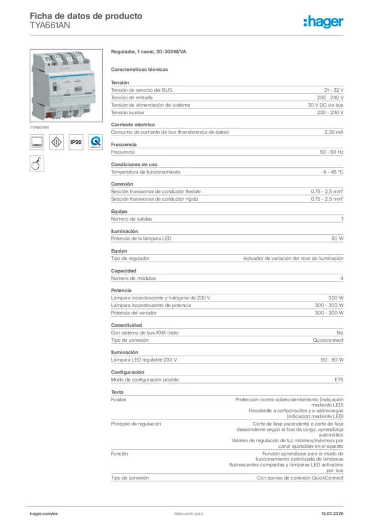 Imagen Hager Ficha de datos de producto TYA661AN | Hager España