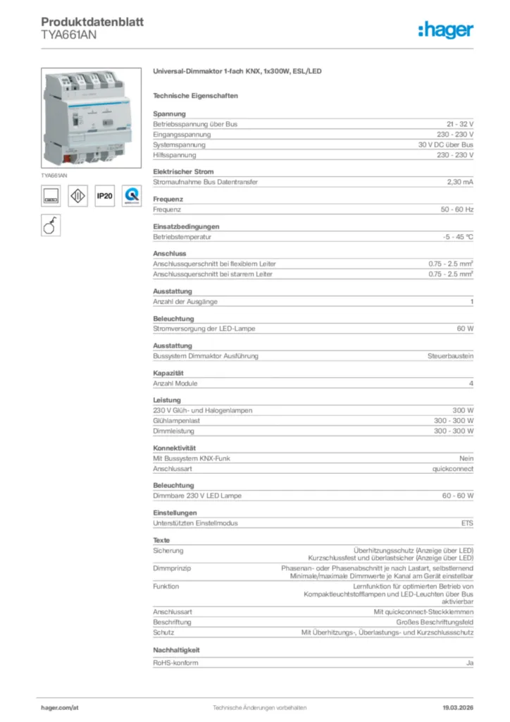 Bild Hager Produktdatenblatt TYA661AN | Hager Deutschland