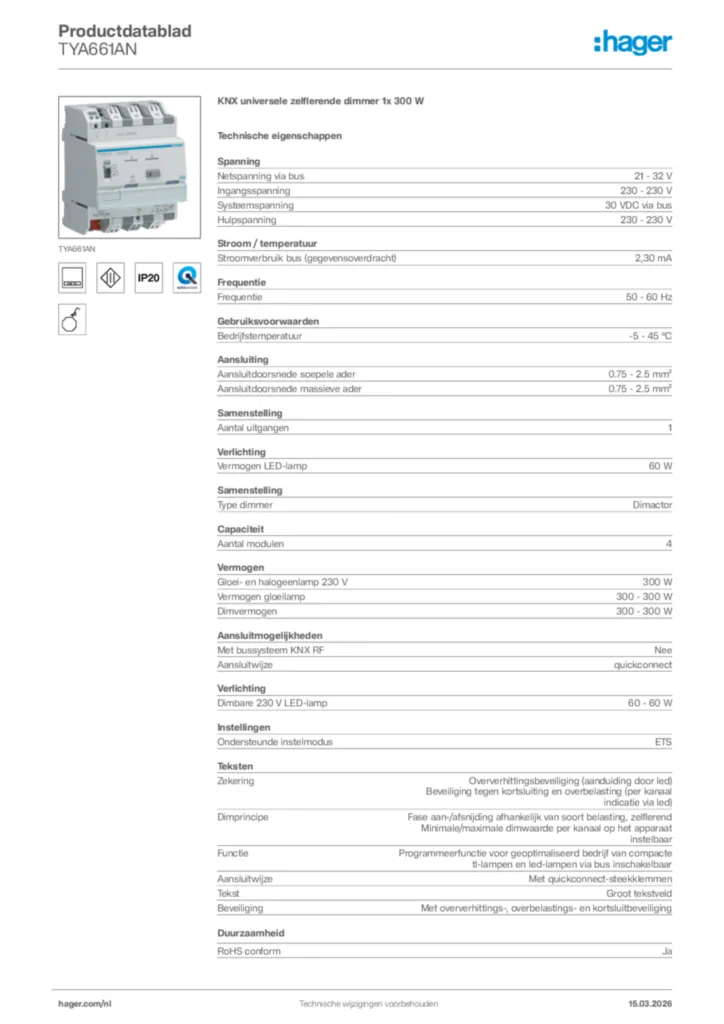 Afbeelding Hager Productdatablad TYA661AN | Hager Nederland