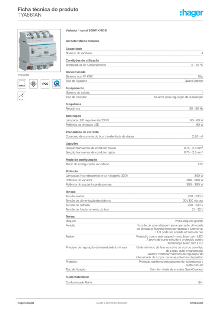 Imagem Hager Ficha técnica do produto TYA661AN | Hager Portugal