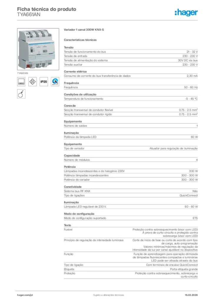 Imagem Hager Ficha técnica do produto TYA661AN | Hager Portugal