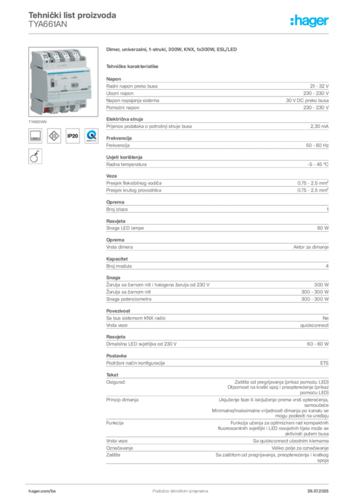 Slika Hager Product data sheet TYA661AN  | Hager