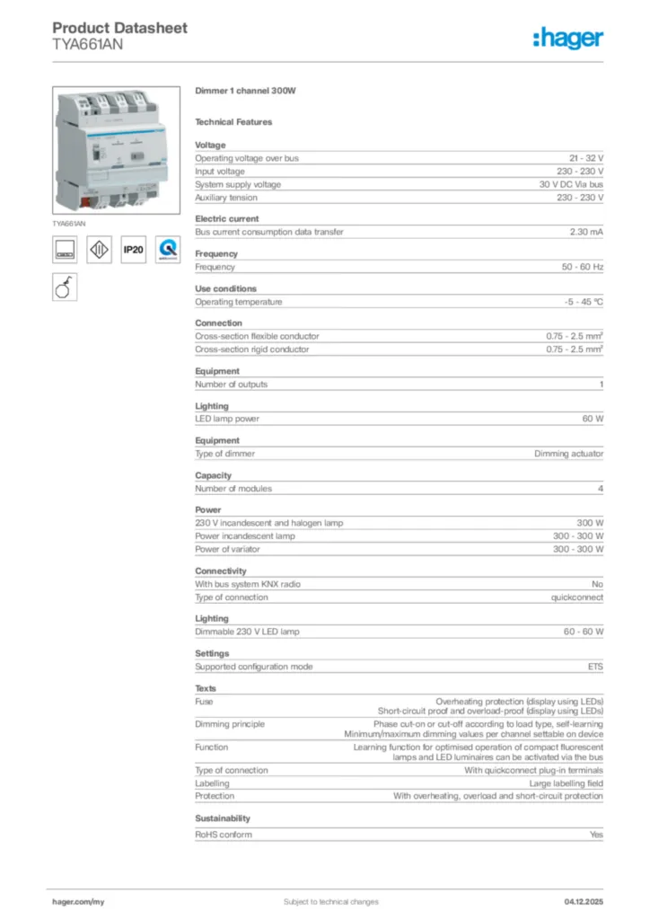 Image Hager Product data sheet TYA661AN  | Hager