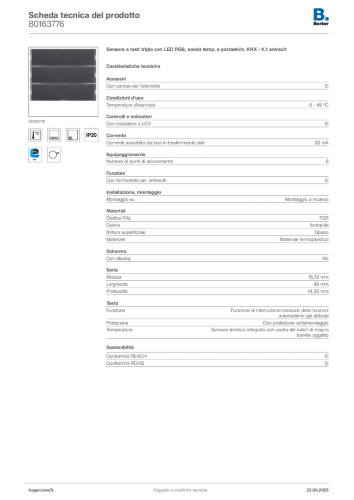Immagine Berker Scheda tecnica del prodotto 80163776 | Hager Italia