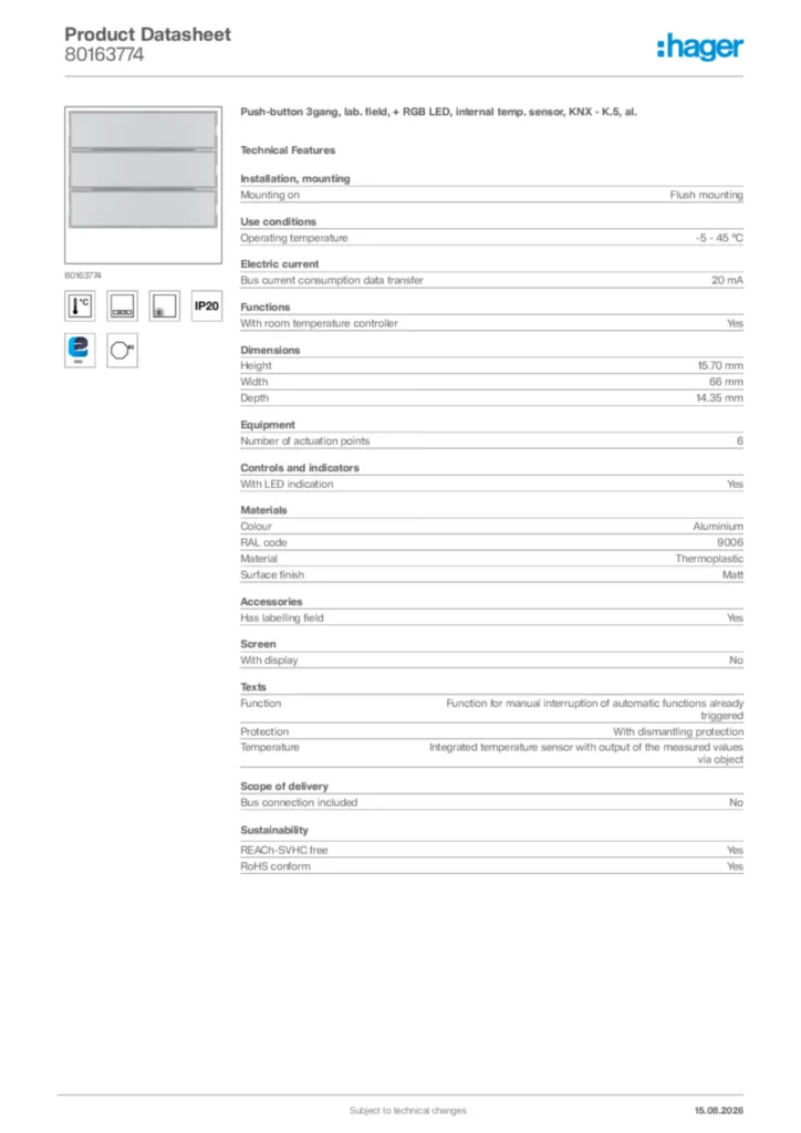Image Hager Product data sheet 80163774  | Hager Africa