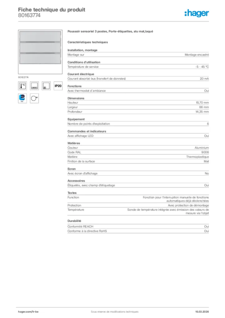 Image Hager Fiche technique du produit 80163774 | Hager Belgique