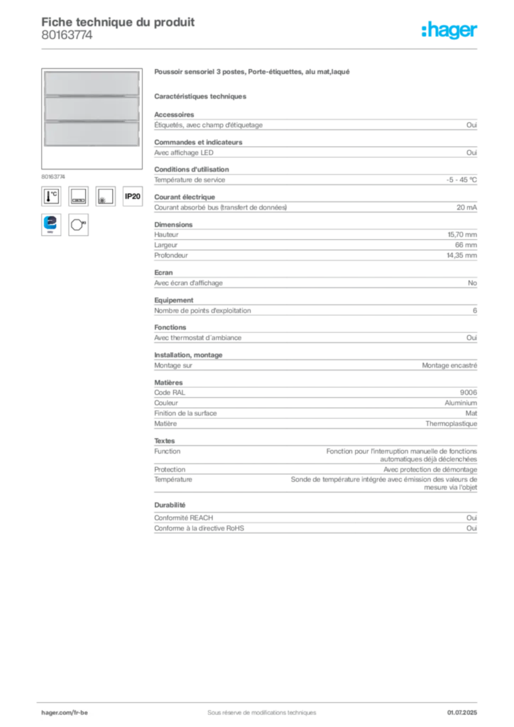 Image Hager Fiche technique du produit 80163774 | Hager Belgique