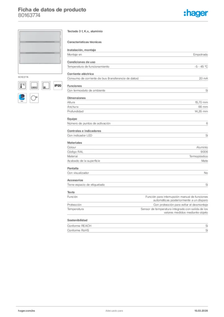Imagen Hager Ficha de datos de producto 80163774 | Hager España