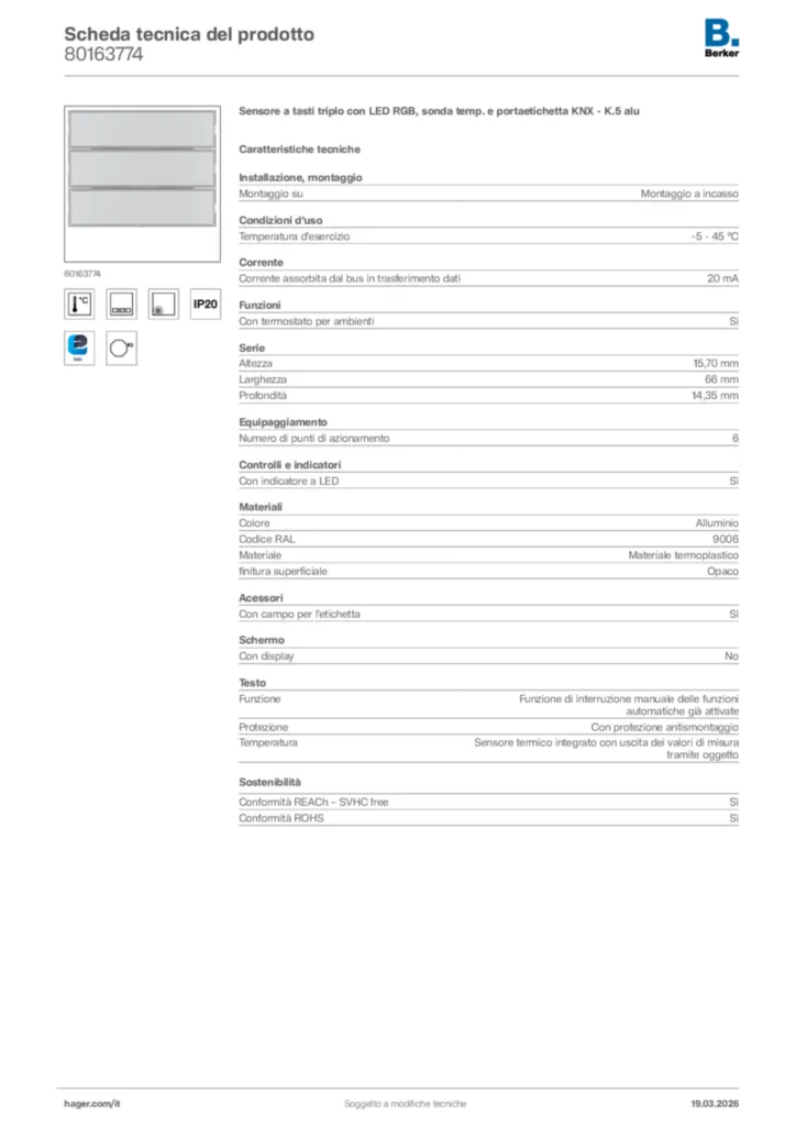 Immagine Berker Scheda tecnica del prodotto 80163774 | Hager Italia