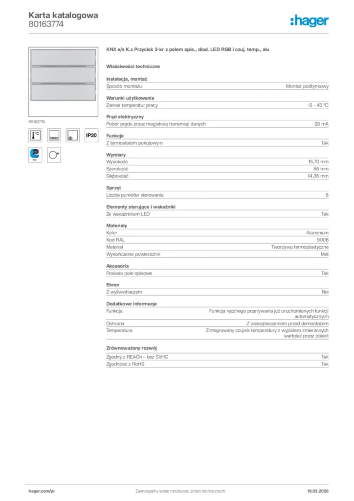 Zdjęcie Hager Karta katalogowa 80163774 | Hager Polska