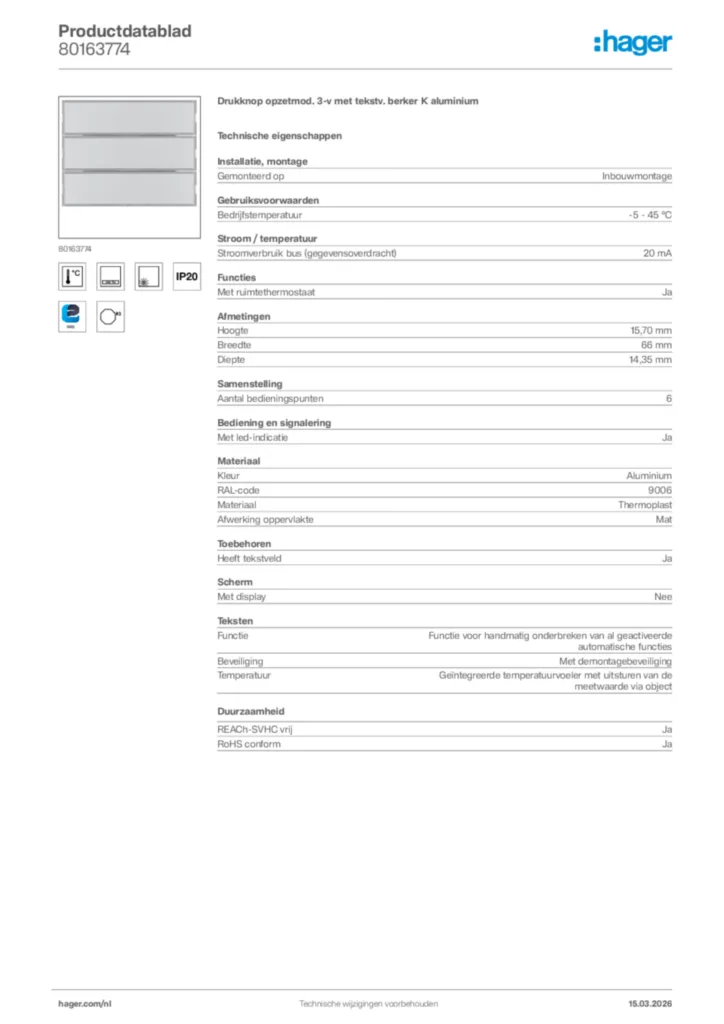 Afbeelding Hager Productdatablad 80163774 | Hager Nederland