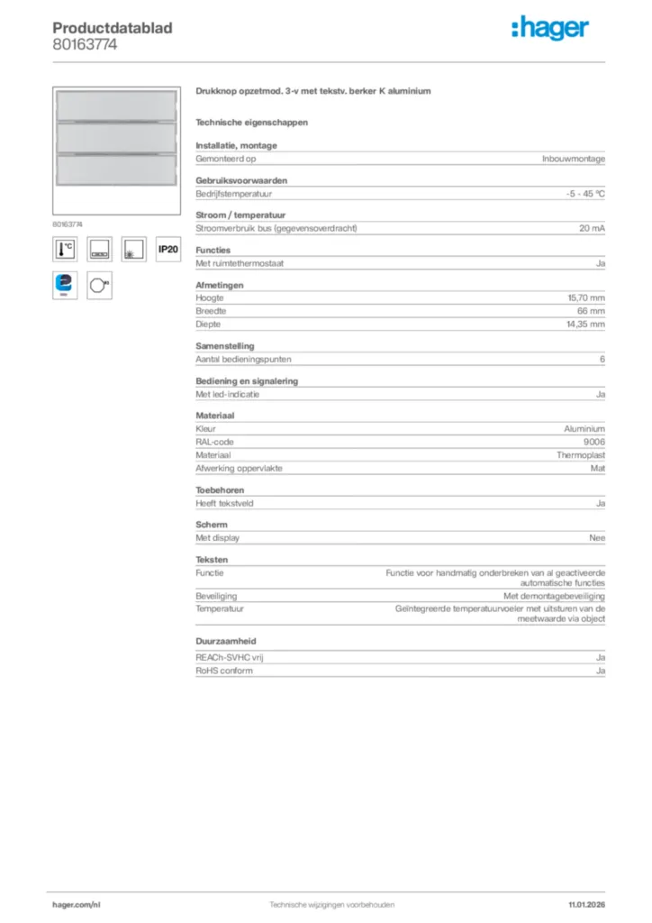 Afbeelding Hager Productdatablad 80163774 | Hager Nederland