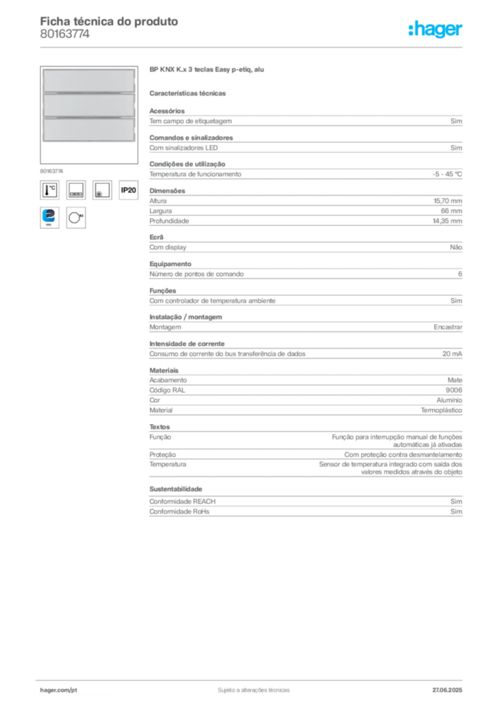 Imagem Hager Ficha técnica do produto 80163774 | Hager Portugal