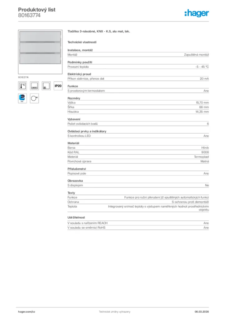 Obrázek Hager Product data sheet 80163774 | Hager