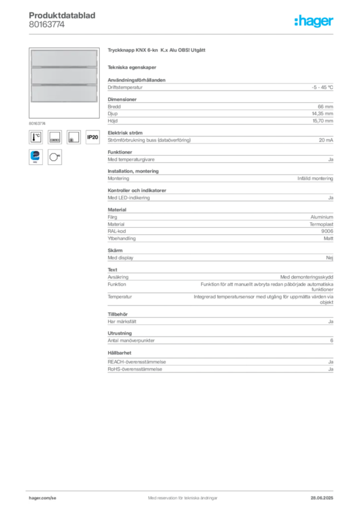 Bild Hager Produktdatablad 80163774 | Hager Sverige