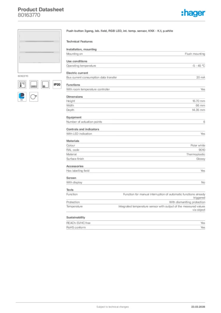 Image Hager Product data sheet 80163770  | Hager Africa