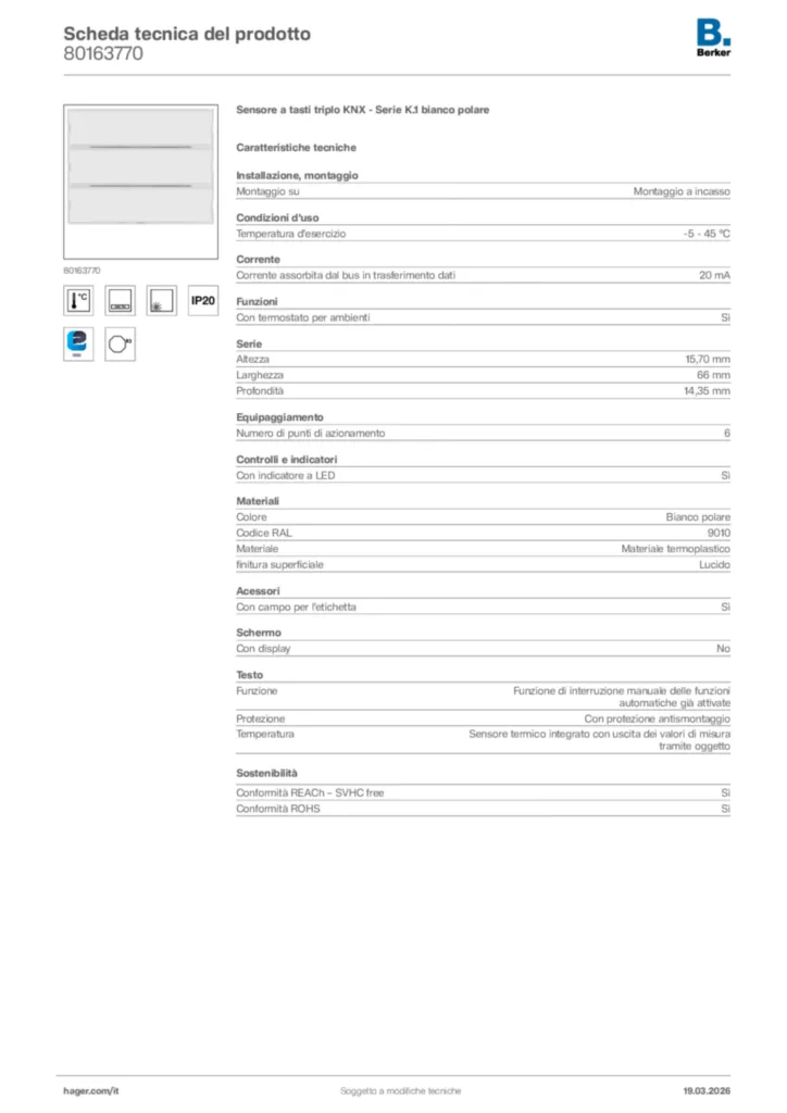Immagine Berker Scheda tecnica del prodotto 80163770 | Hager Italia