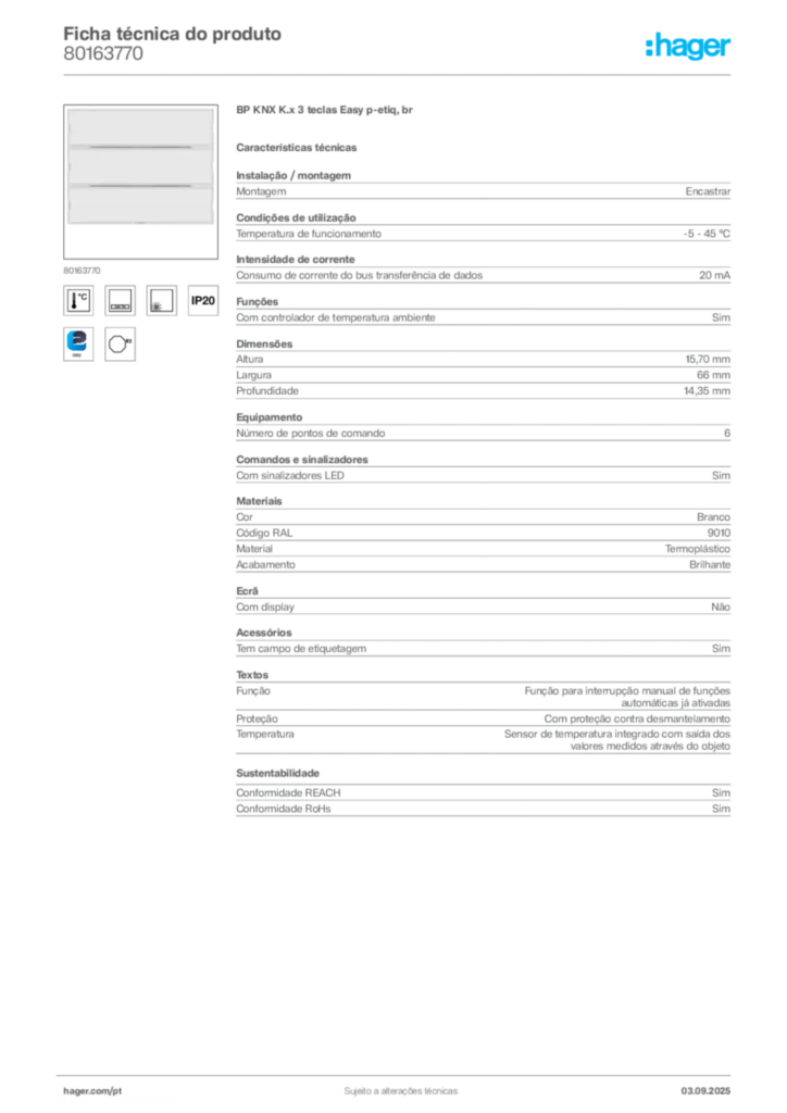 Imagem Hager Ficha técnica do produto 80163770 | Hager Portugal
