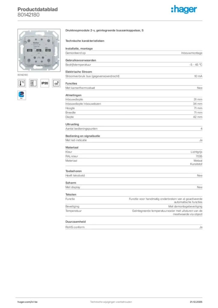 Afbeelding Hager Productdatablad 80142180 | Hager Belgium