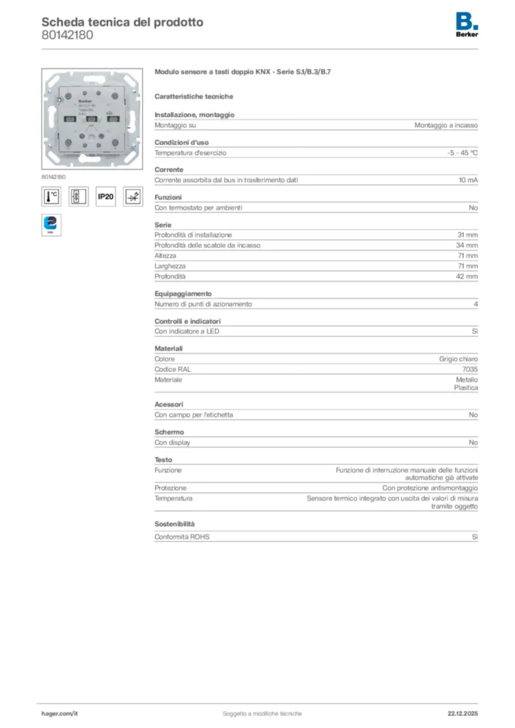 Immagine Berker Scheda tecnica del prodotto 80142180 | Hager Italia