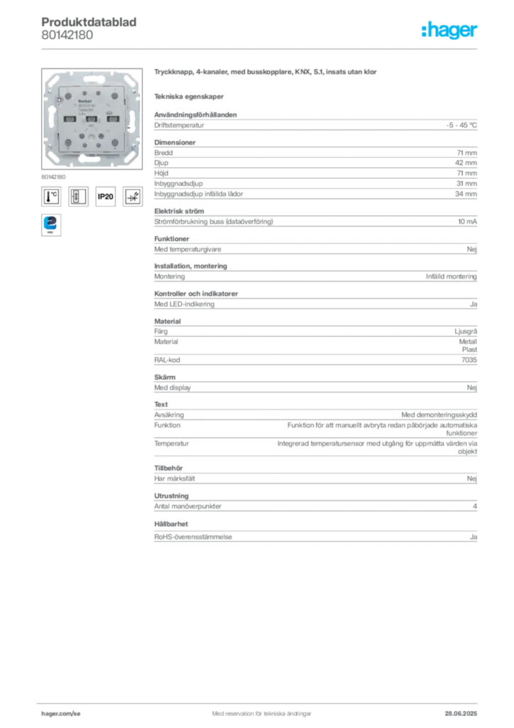 Bild Hager Produktdatablad 80142180 | Hager Sverige