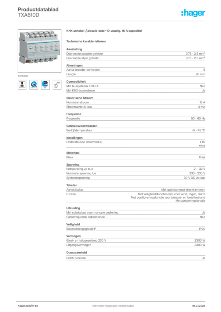Afbeelding Hager Productdatablad TXA610D | Hager Belgium
