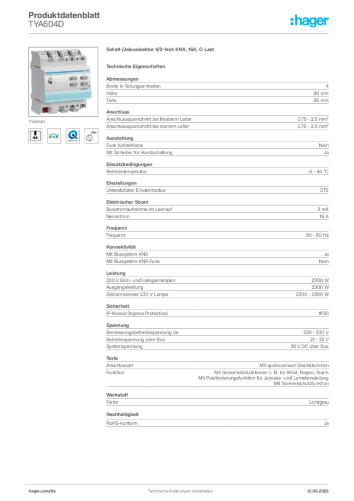 Hager Produktdatenblatt TYA604D