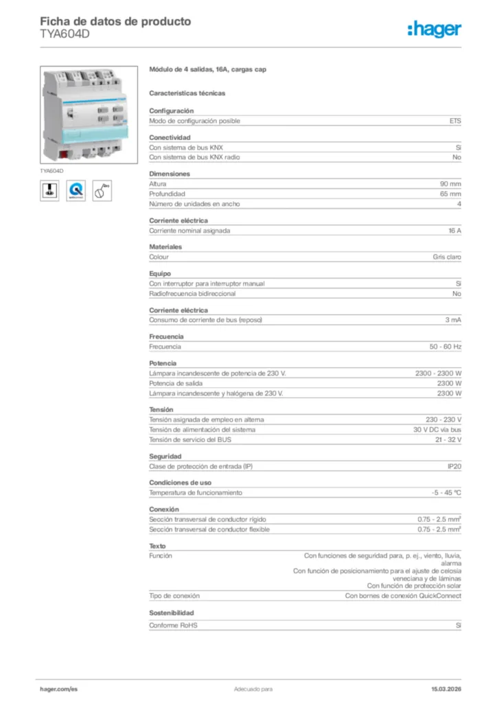 Imagen Hager Ficha de datos de producto TYA604D | Hager España
