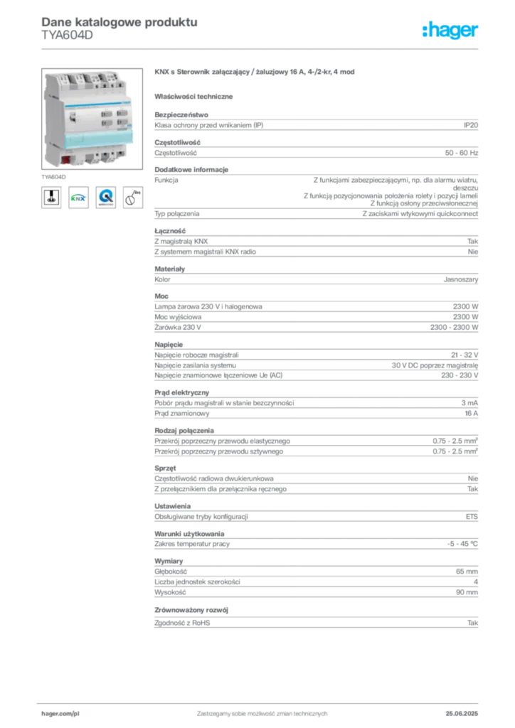 Zdjęcie Hager Dane katalogowe produktu TYA604D | Hager Polska