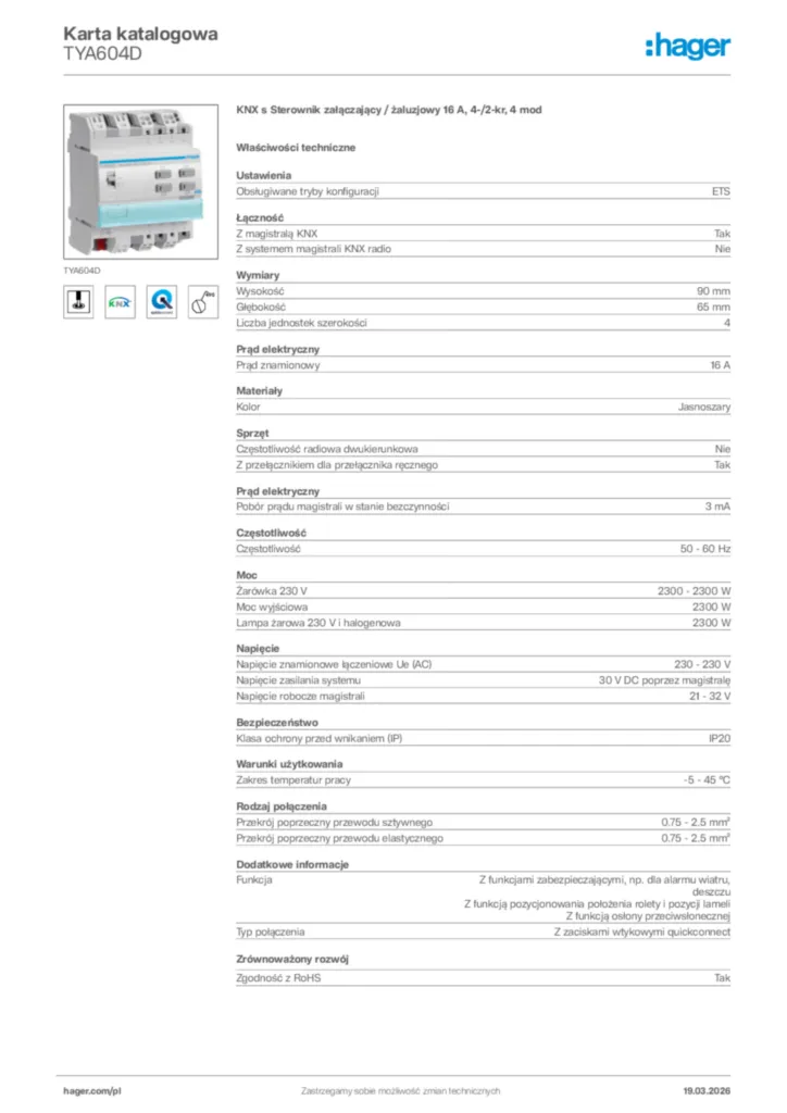 Zdjęcie Hager Karta katalogowa TYA604D | Hager Polska