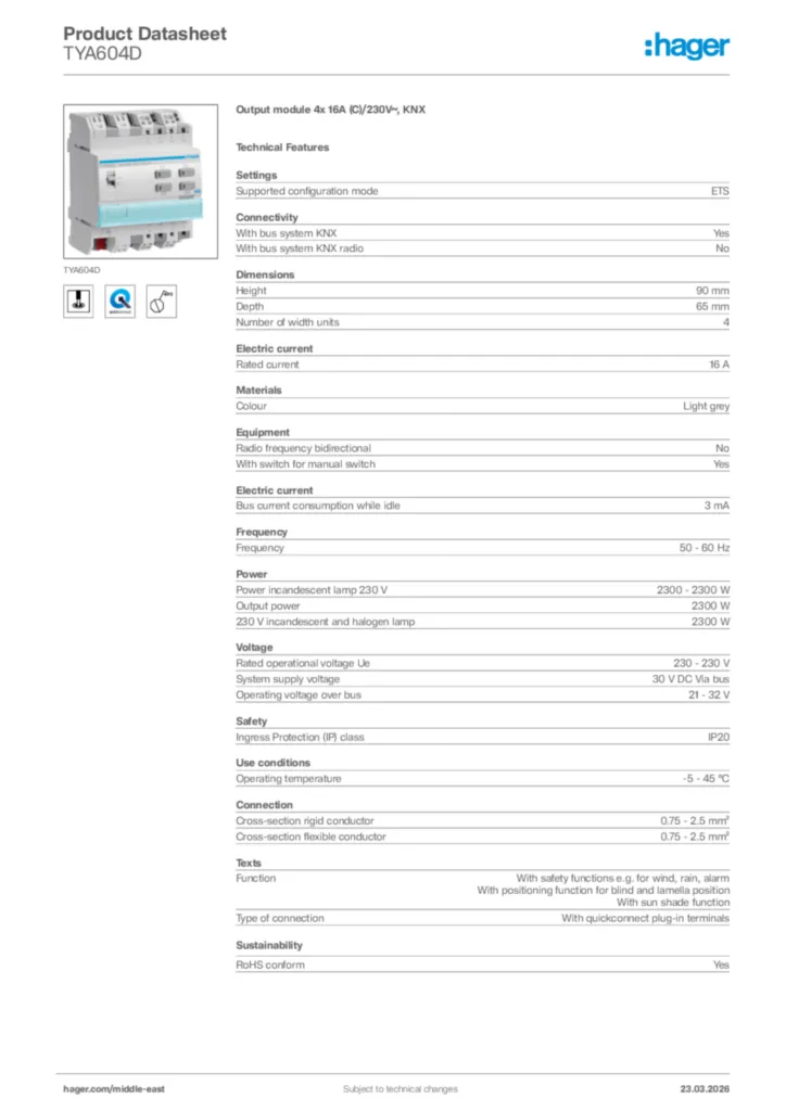 Image Hager Product data sheet TYA604D  | Hager