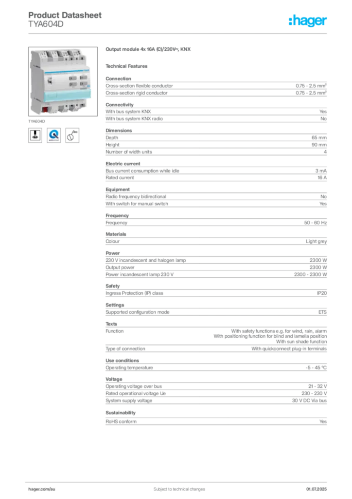 Image Hager Product data sheet TYA604D  | Hager Australia