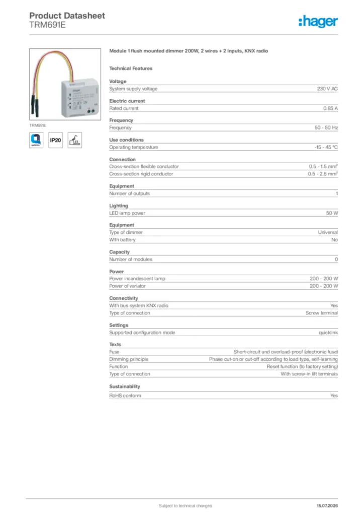 Image Hager Product data sheet TRM691E  | Hager Africa