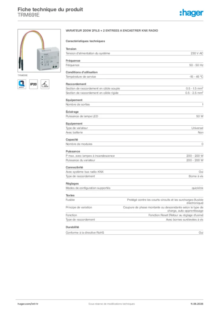 Image Hager Fiche technique du produit TRM691E | Hager Afrique