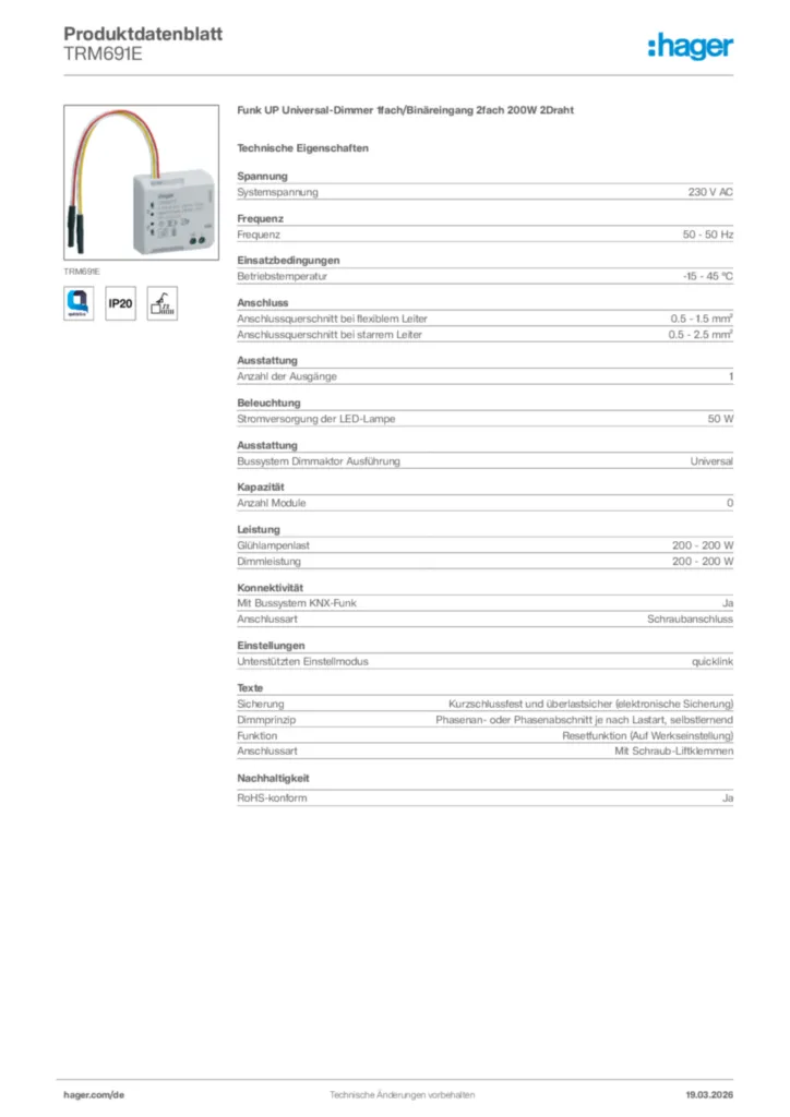 Bild Hager Produktdatenblatt TRM691E | Hager Deutschland