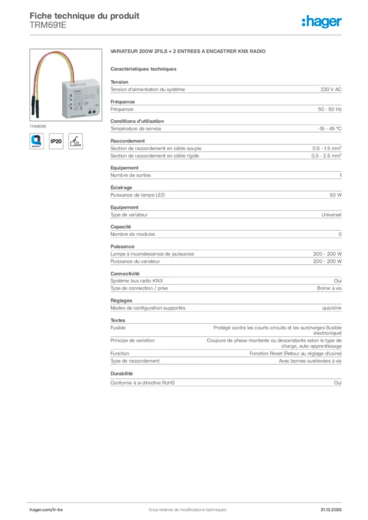 Image Hager Fiche technique du produit TRM691E | Hager Belgique