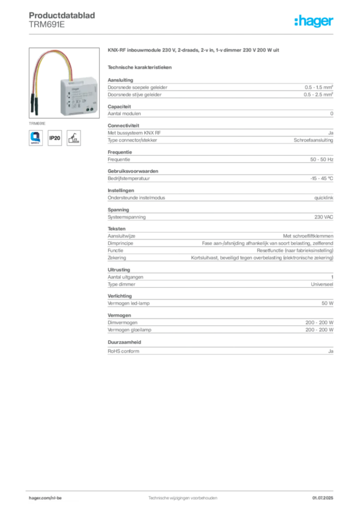 Afbeelding Hager Productdatablad TRM691E | Hager Belgium