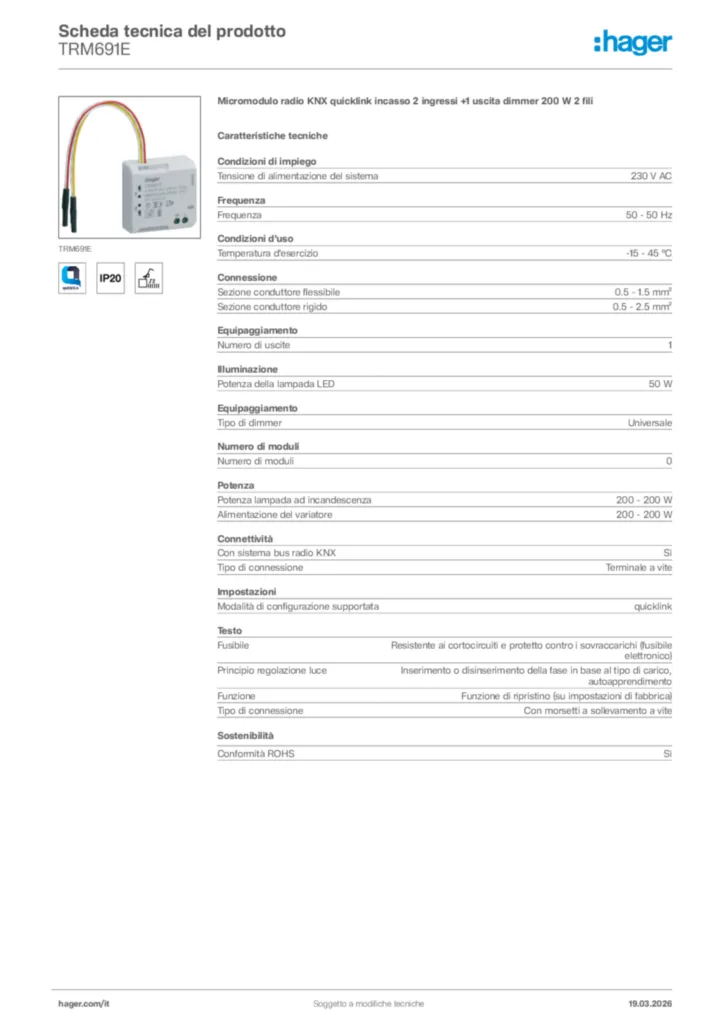 Immagine Hager Scheda tecnica del prodotto TRM691E | Hager Italia