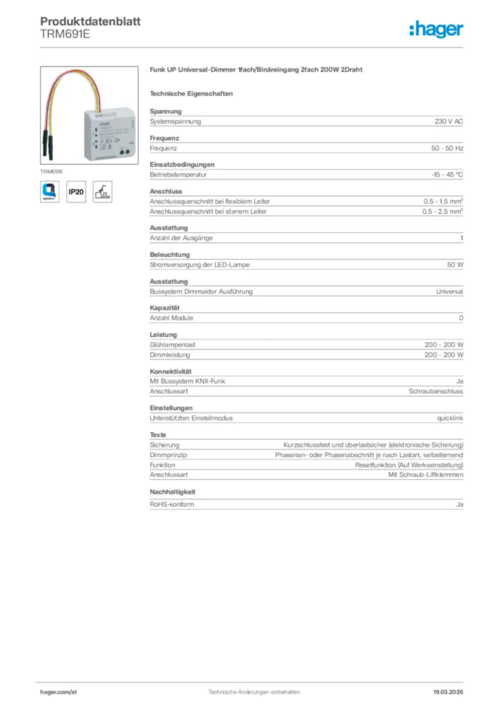 Bild Hager Produktdatenblatt TRM691E | Hager Deutschland