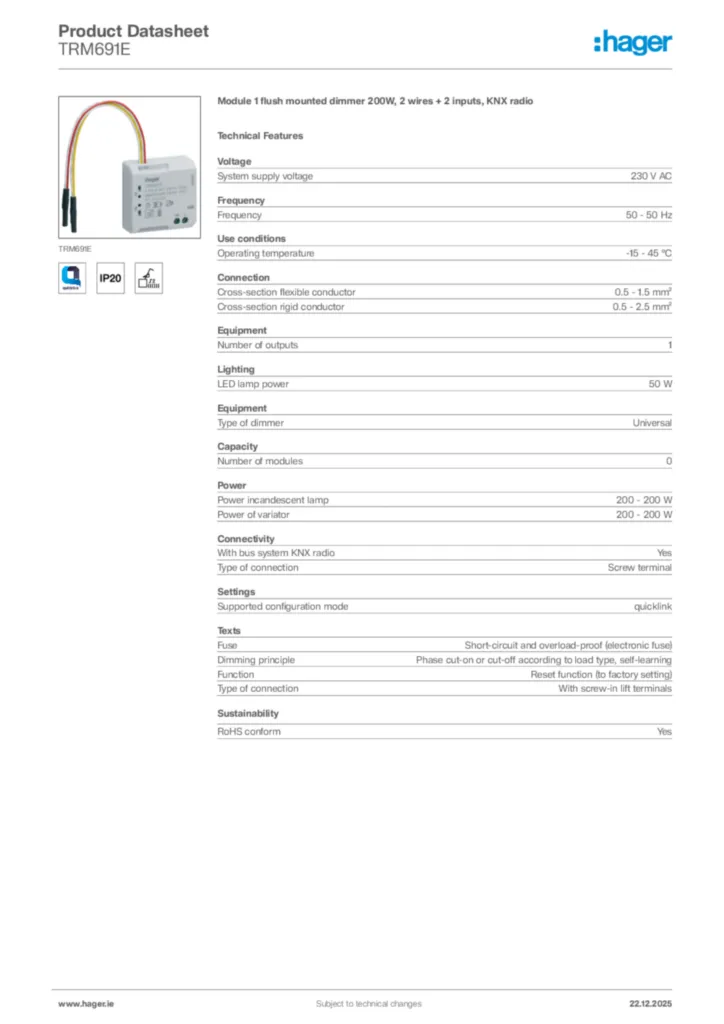 Image Hager Product data sheet TRM691E  | Hager