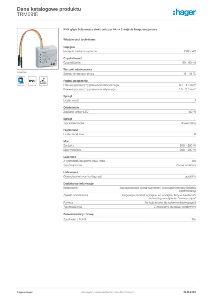 Zdjęcie Hager Dane katalogowe produktu TRM691E | Hager Polska