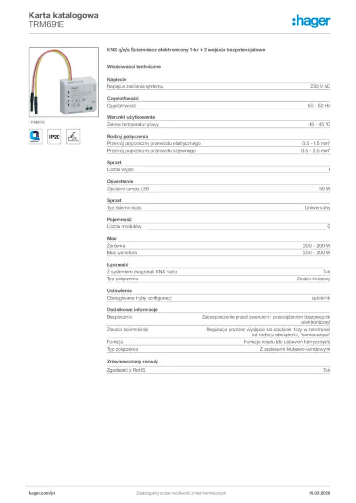 Zdjęcie Hager Karta katalogowa TRM691E | Hager Polska