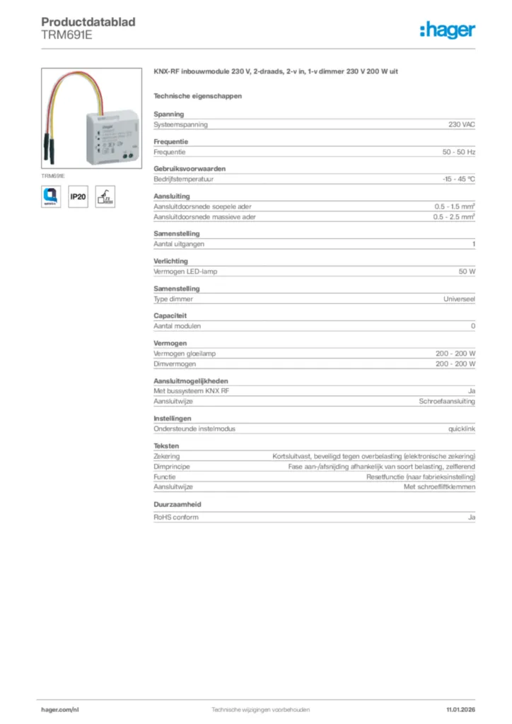 Afbeelding Hager Productdatablad TRM691E | Hager Nederland