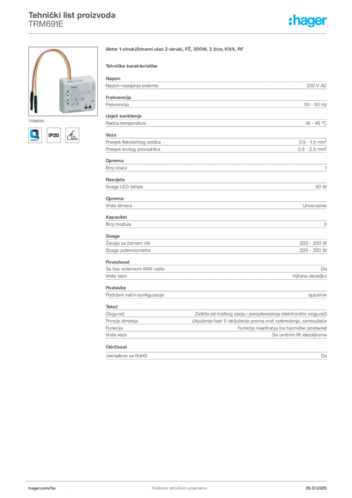 Slika Hager Product data sheet TRM691E  | Hager