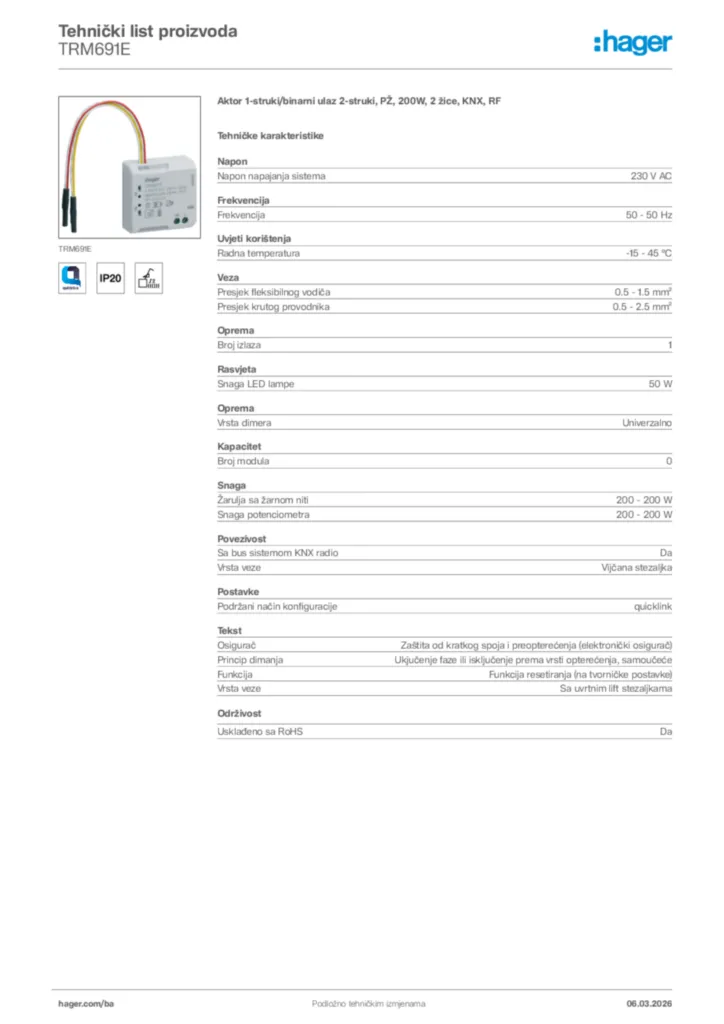 Slika Hager Tehnički list proizvoda TRM691E  | Hager